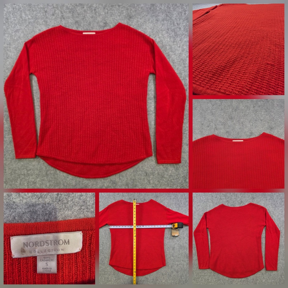 Nordstrom Collection Sweater Womens Small Red 100% Cashmere Waffle Knit Pullover